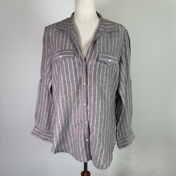 Tommy Bahama Women's Linen Top Size Medium Brown/White Striped Beachy Linen Boho - Picture 1 of 16